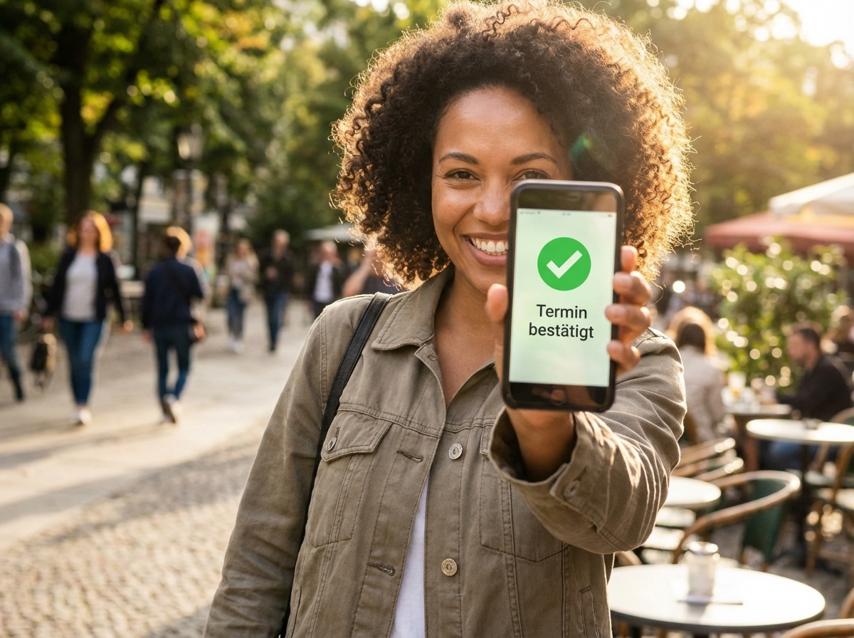 Glückliche Frau zeigt auf ihrem Smartphone die erfolgreiche Terminbuchung für die Einbürgerung.
