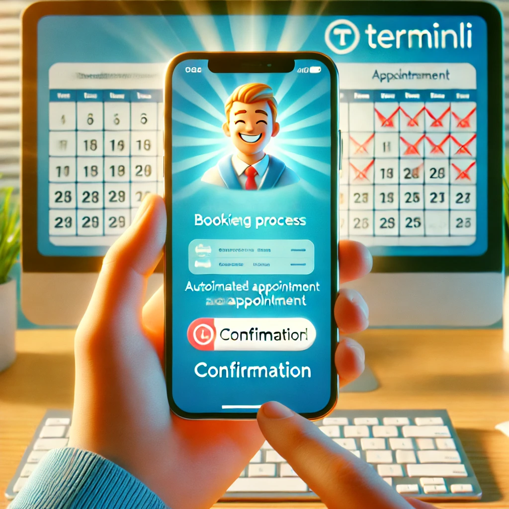 Erfolgreiche automatisierte Terminbuchung mit Terminli, Person sieht Buchungsbestätigung auf dem Handy, Kalender im Hintergrund.