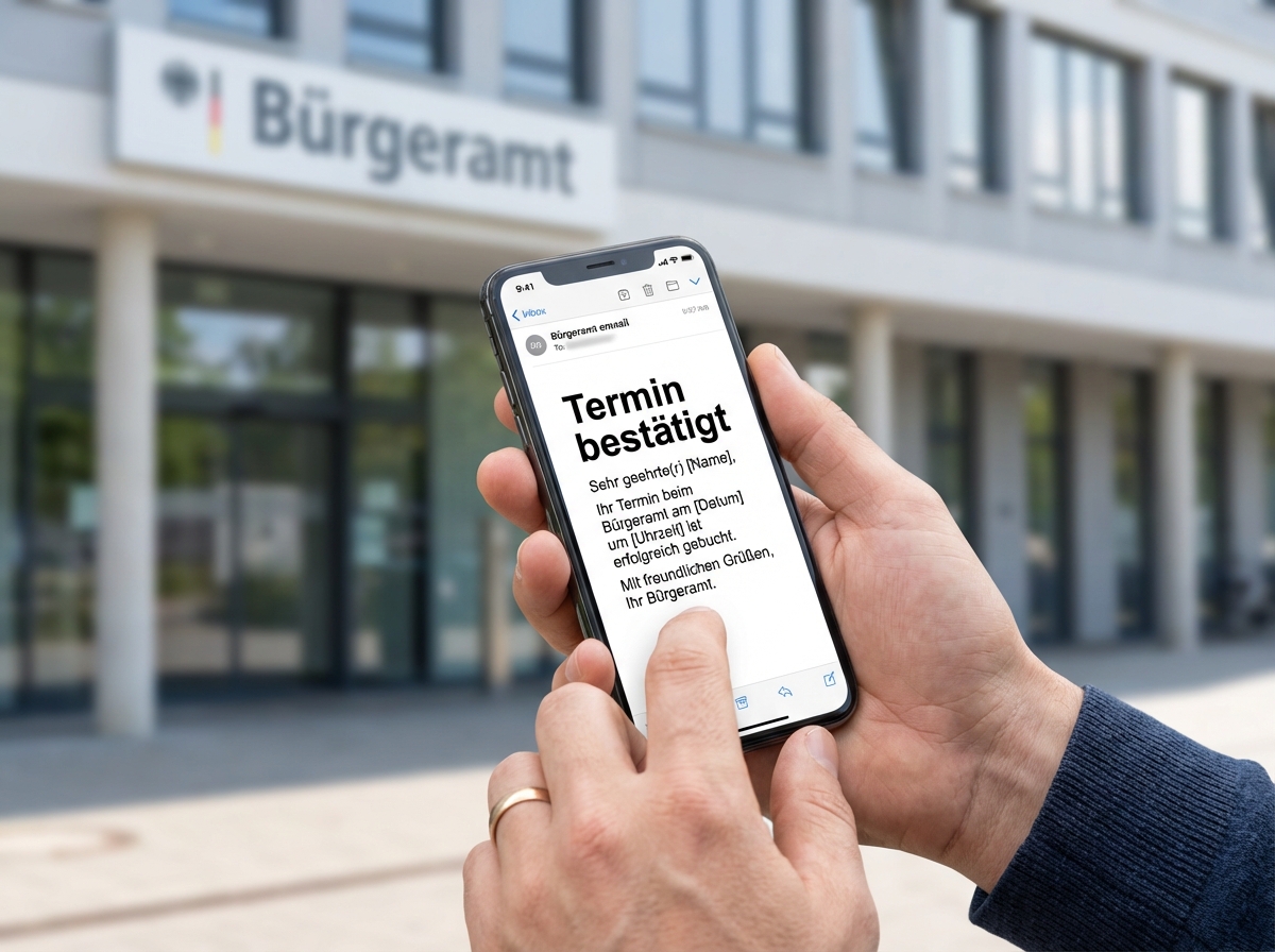 Sichere Terminbuchungsbestätigung auf dem Smartphone vor einem deutschen Bürgeramt dank Terminli