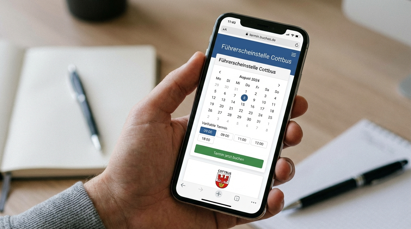 Nahaufnahme eines Smartphones mit einer intuitiven Terminbuchungswebsite für die Führerscheinstelle Cottbus.
