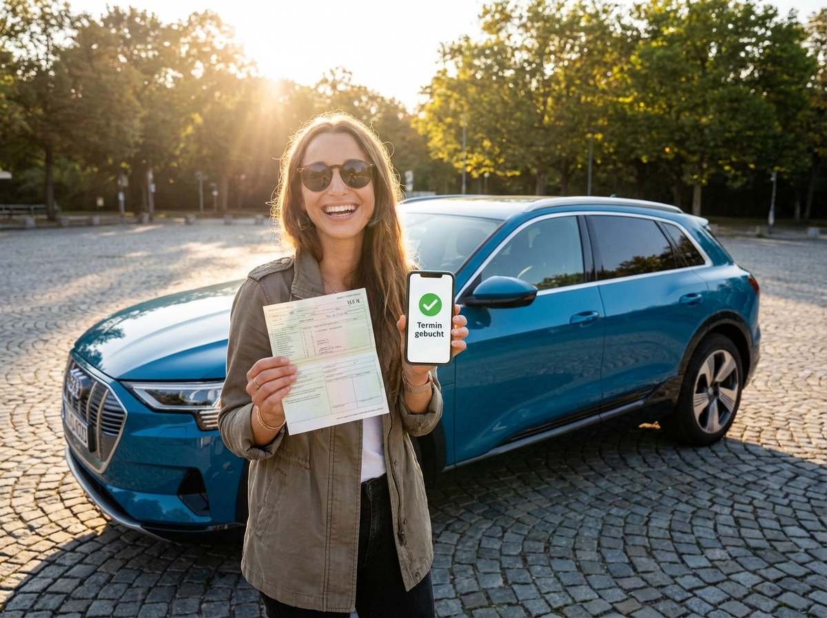 Glückliche Frau hält nach erfolgreicher Buchung über Terminli ihre KFZ-Papiere und ihr Smartphone vor ihrem Auto.